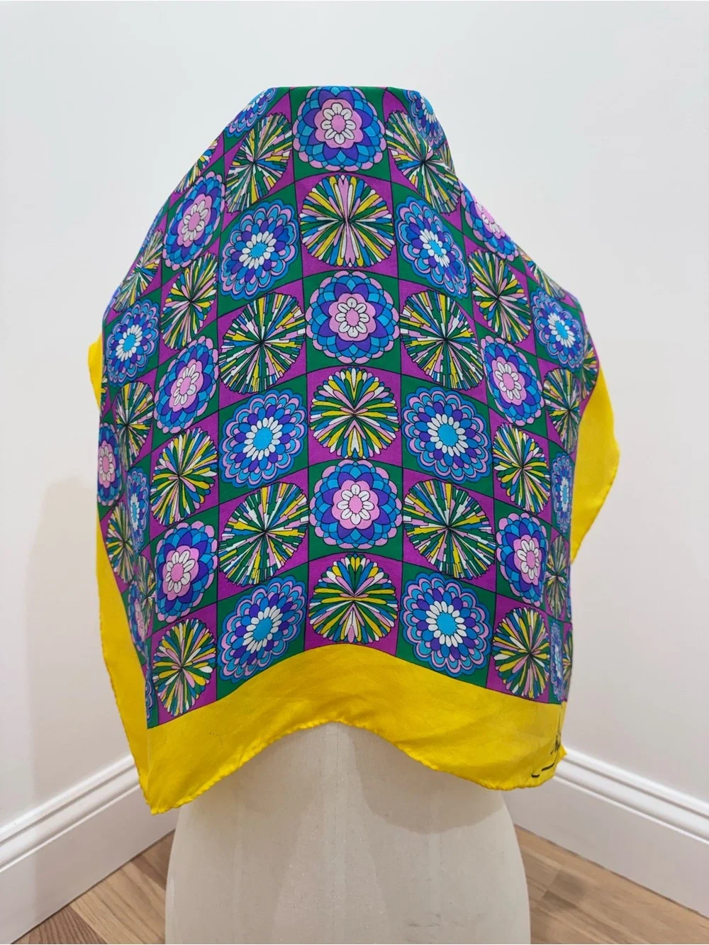 Schiaparelli Bright Yellow Purple Mod Silk Scarf 23” x 23” retro vintage